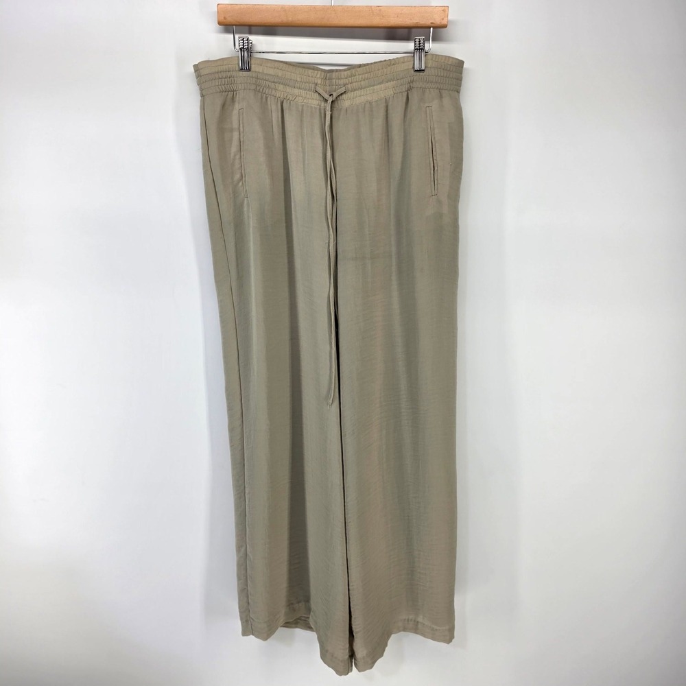 Joan Vass Studio Pants Womens L Taupe Wide Leg Elastic Drawstring Waist Casual